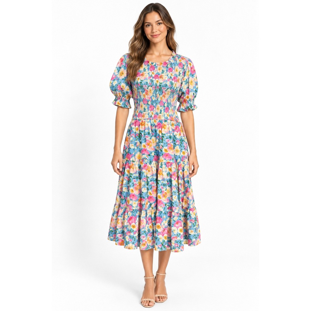 Ivy City Women's Delia Dress in Blue Smocked A-Line Midi Puff Sleeve Size 1X NWT